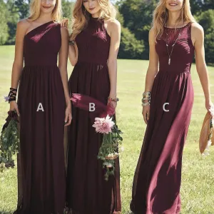 mismatched bridesmaid dresses long chiffon Burgundy cheap lace custom wedding party dress