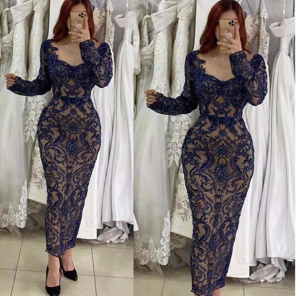 modest evening dresses long sleeve navy blue lace applique elegant beaded arabic formal evening gown