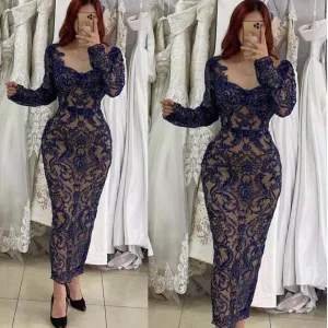 modest evening dresses long sleeve navy blue lace applique elegant beaded arabic formal evening gown