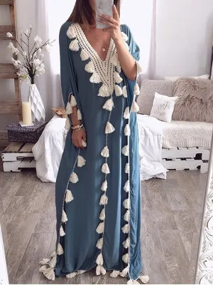 Momnfancy Blue Fringe V-neck Knitwear Robe Style Smock Oversize Maternity Maxi Dress