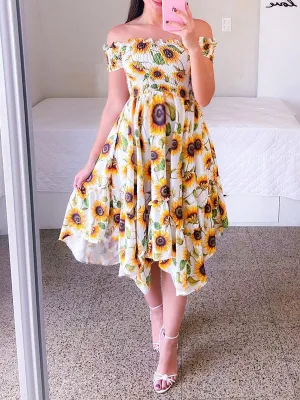Momnfancy Floral Sunflower Baby Shower Off Shoulder Gender Reveal Butterflies Maternity Dress