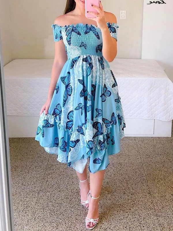Momnfancy Floral Sunflower Baby Shower Off Shoulder Gender Reveal Butterflies Maternity Dress