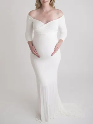 Momnfancy Off Shoulder Fitted V-neck Long Sleeve Baby Shower Maternity Maxi Dress
