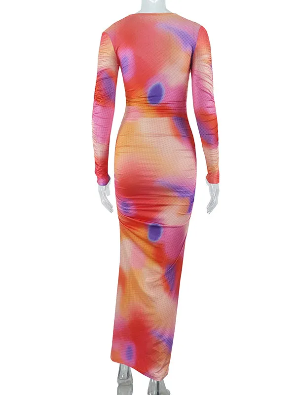 Momnfancy Tie Dye Cut Out Crop Ruffle Drawstring Bodycon V-Neck Baby Shower Maternity Maxi Dress