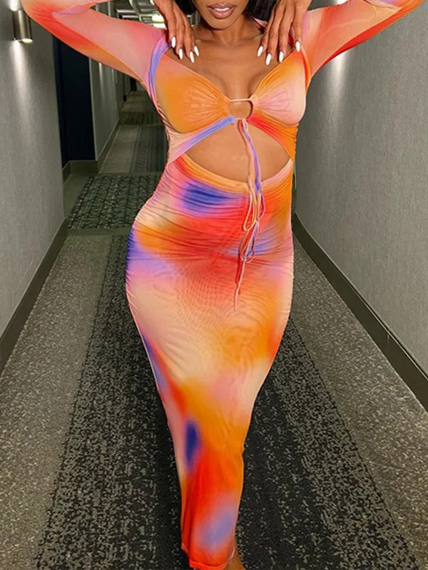 Momnfancy Tie Dye Cut Out Crop Ruffle Drawstring Bodycon V-Neck Baby Shower Maternity Maxi Dress