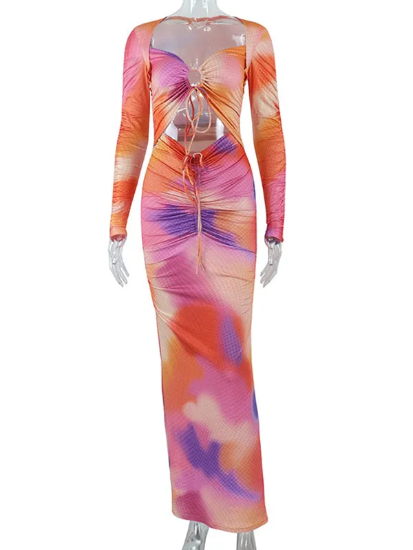 Momnfancy Tie Dye Cut Out Crop Ruffle Drawstring Bodycon V-Neck Baby Shower Maternity Maxi Dress