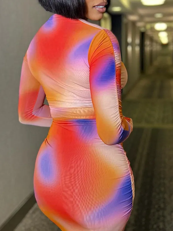 Momnfancy Tie Dye Cut Out Crop Ruffle Drawstring Bodycon V-Neck Baby Shower Maternity Maxi Dress