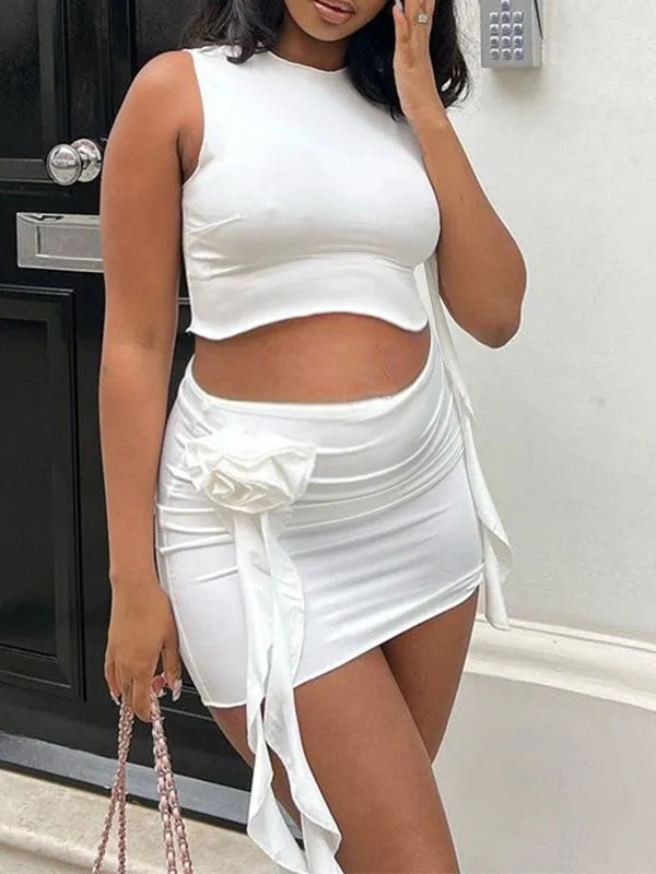 Momnfancy White Off Shoulder Crop Ruffle Flower Embroidery Bodycon Two Piece 2-in-1 Chic Going Out Photoshoot Maternity Mini Dress