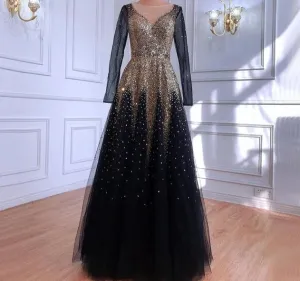 Muslim Black Gold Luxury Evening Dresses Gowns  A-Line Sparkle Beading For Women Party
