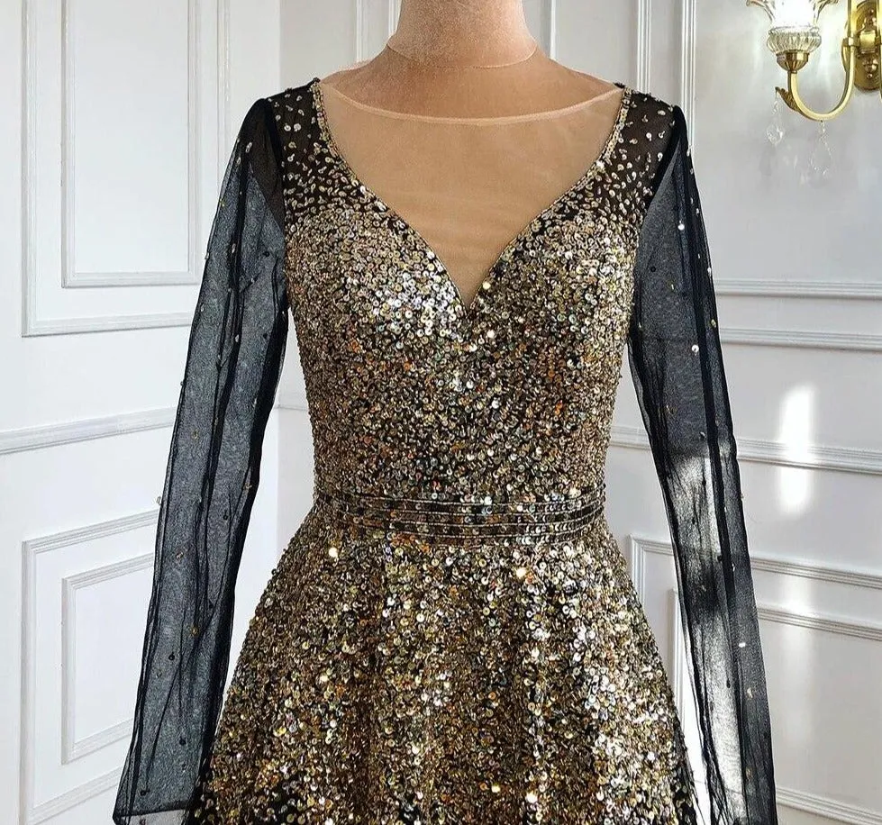 Muslim Black Gold Luxury Evening Dresses Gowns  A-Line Sparkle Beading For Women Party