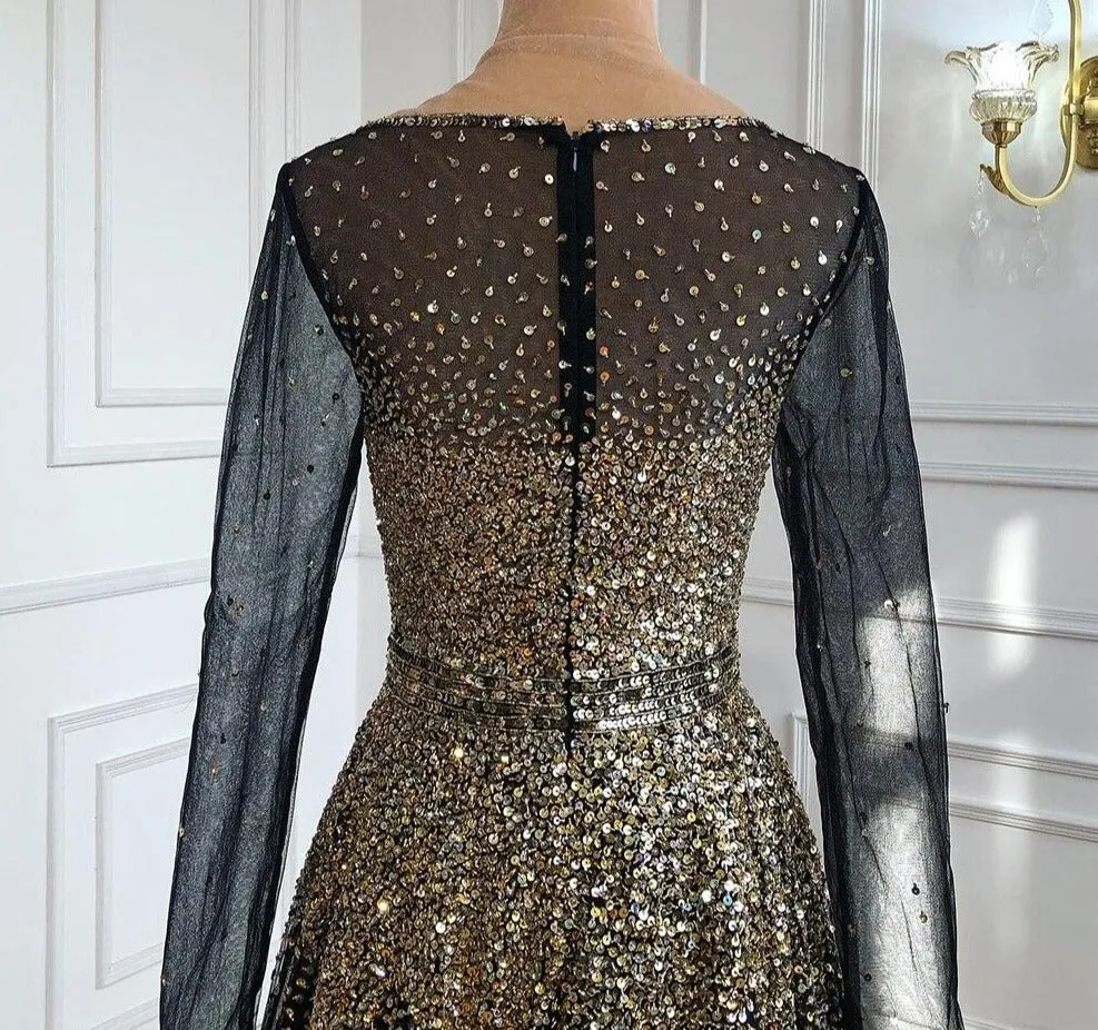 Muslim Black Gold Luxury Evening Dresses Gowns  A-Line Sparkle Beading For Women Party