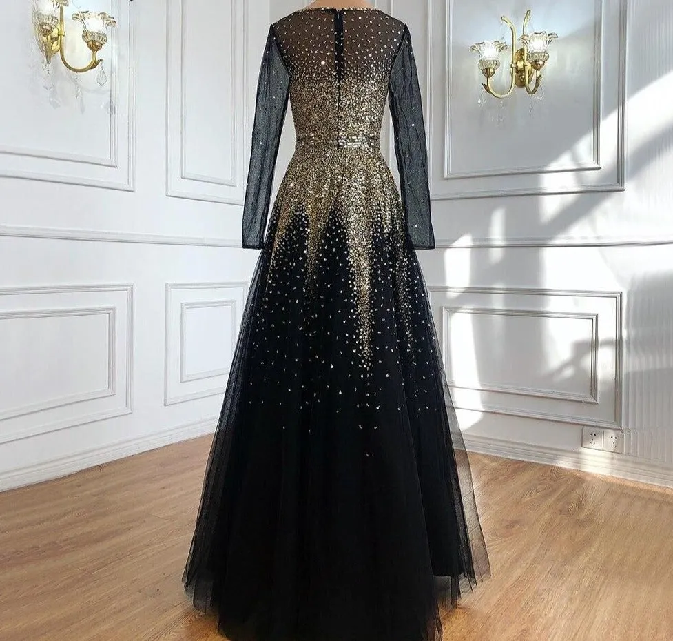 Muslim Black Gold Luxury Evening Dresses Gowns  A-Line Sparkle Beading For Women Party