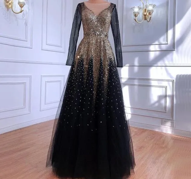 Muslim Black Gold Luxury Evening Dresses Gowns  A-Line Sparkle Beading For Women Party