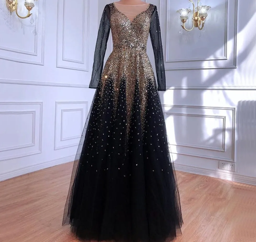 Muslim Black Gold Luxury Evening Dresses Gowns  A-Line Sparkle Beading For Women Party