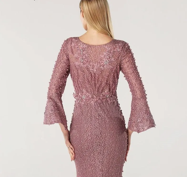 Muslim Pink Luxury Long Sleeves Evening Dresses Pearls Crystal Lace Formal Dress
