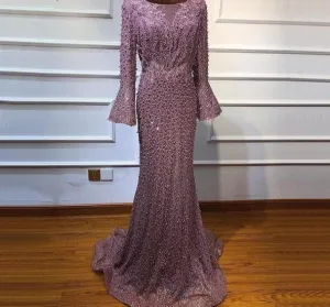 Muslim Pink Luxury Long Sleeves Evening Dresses Pearls Crystal Lace Formal Dress