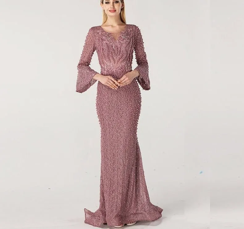 Muslim Pink Luxury Long Sleeves Evening Dresses Pearls Crystal Lace Formal Dress
