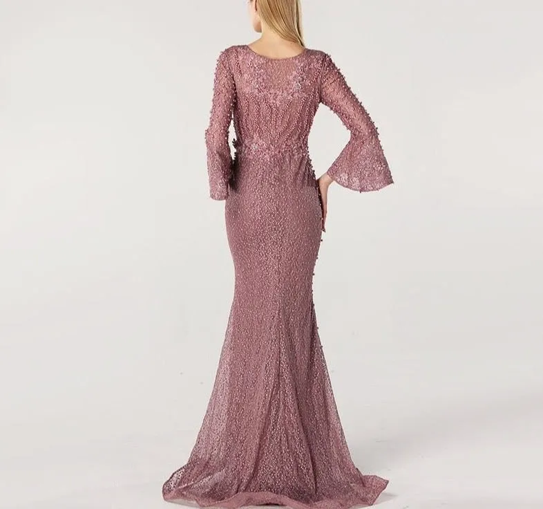 Muslim Pink Luxury Long Sleeves Evening Dresses Pearls Crystal Lace Formal Dress