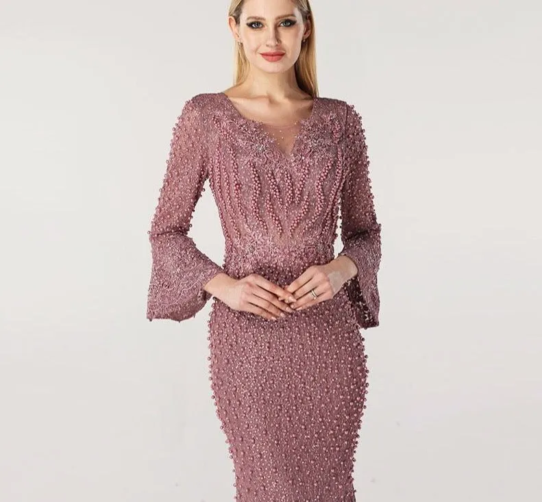 Muslim Pink Luxury Long Sleeves Evening Dresses Pearls Crystal Lace Formal Dress