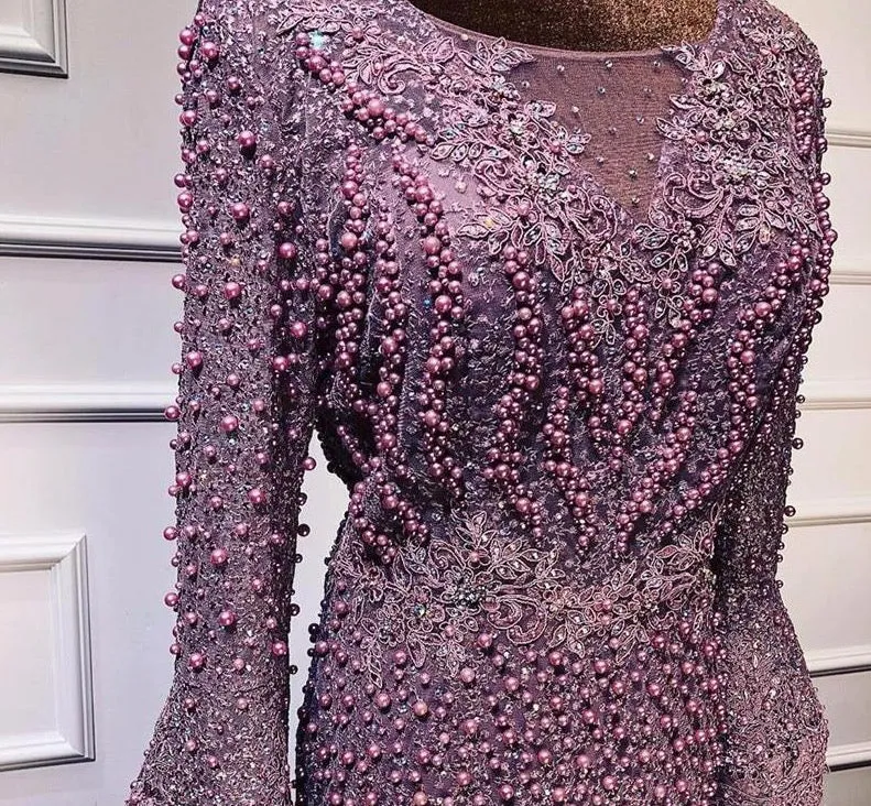 Muslim Pink Luxury Long Sleeves Evening Dresses Pearls Crystal Lace Formal Gowns  Dubai