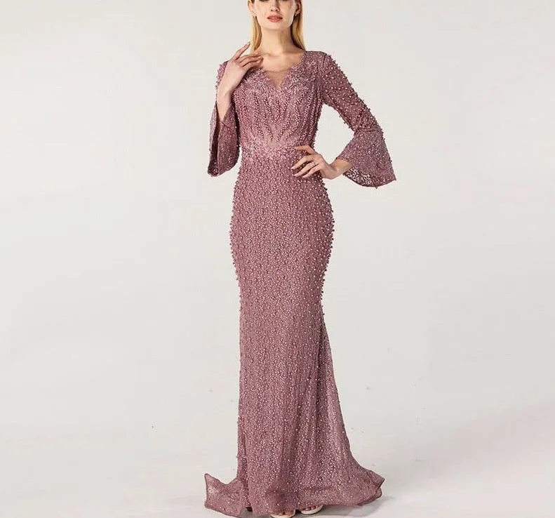 Muslim Pink Luxury Long Sleeves Evening Dresses Pearls Crystal Lace Formal Gowns  Dubai