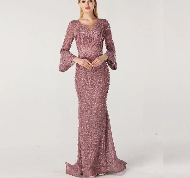 Muslim Pink Luxury Long Sleeves Evening Dresses Pearls Crystal Lace Formal Gowns  Dubai