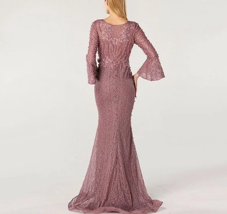 Muslim Pink Luxury Long Sleeves Evening Dresses Pearls Crystal Lace Formal Gowns  Dubai