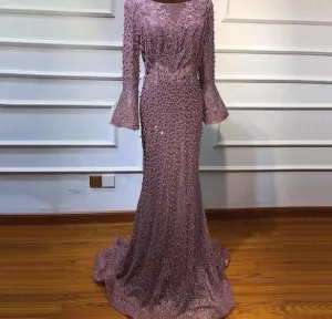 Muslim Pink Luxury Long Sleeves Evening Dresses Pearls Crystal Lace Formal Gowns  Dubai
