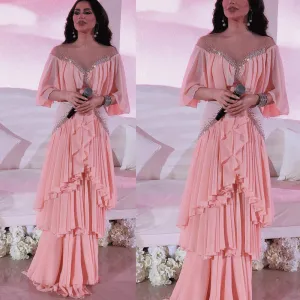 muslim prom dresses long pink beaded chiffon tiered a line elegant arabic style prom gown