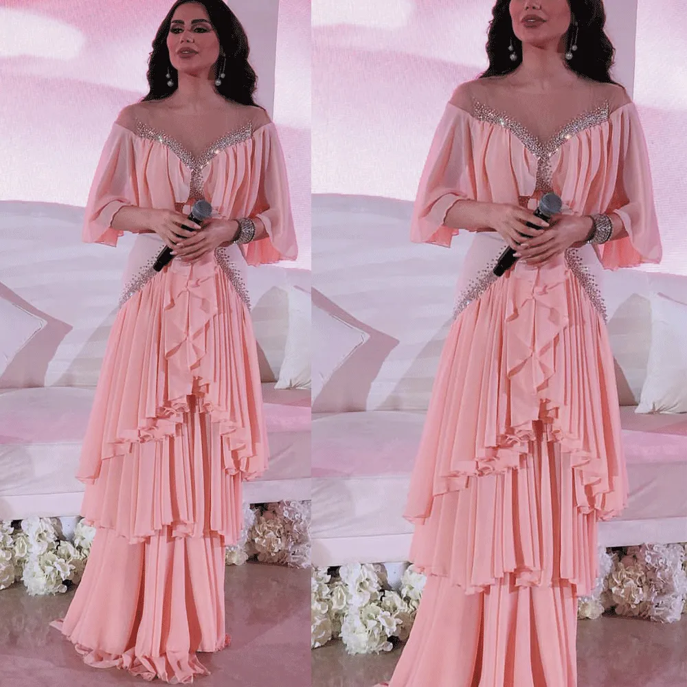 muslim prom dresses long pink beaded chiffon tiered a line elegant arabic style prom gown