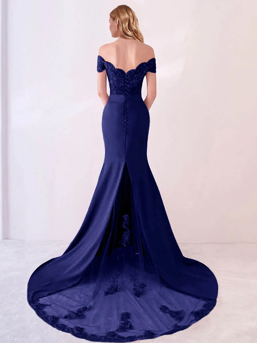 Navy Blue Bead Lace Mermaid Bridesmaid Dresses Party Gowns with Train