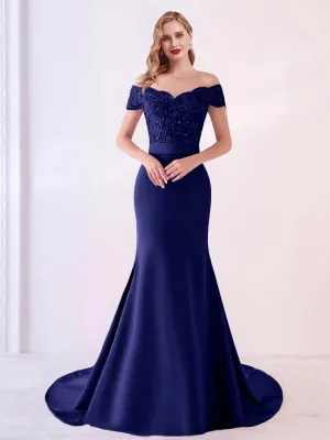 Navy Blue Bead Lace Mermaid Bridesmaid Dresses Party Gowns with Train