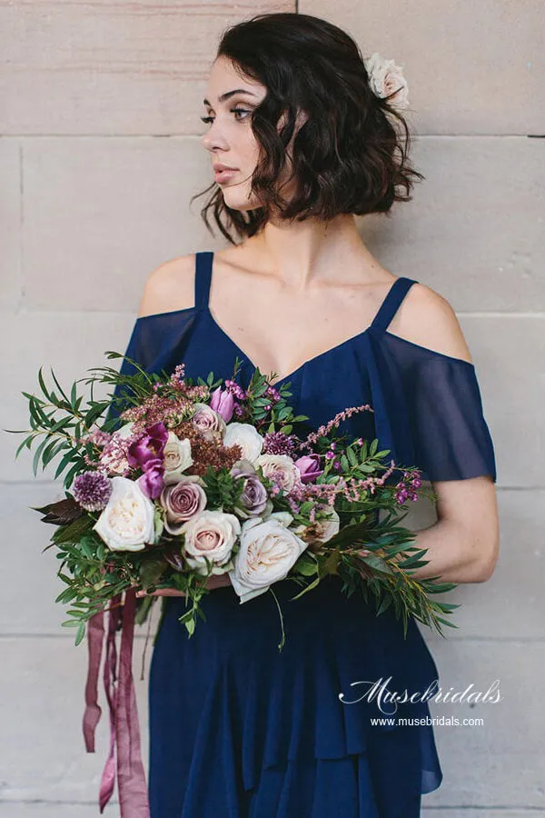 Navy Chiffon A-line V-neck Bridesmaid Dresses, Wedding Party Dress, MBD232
