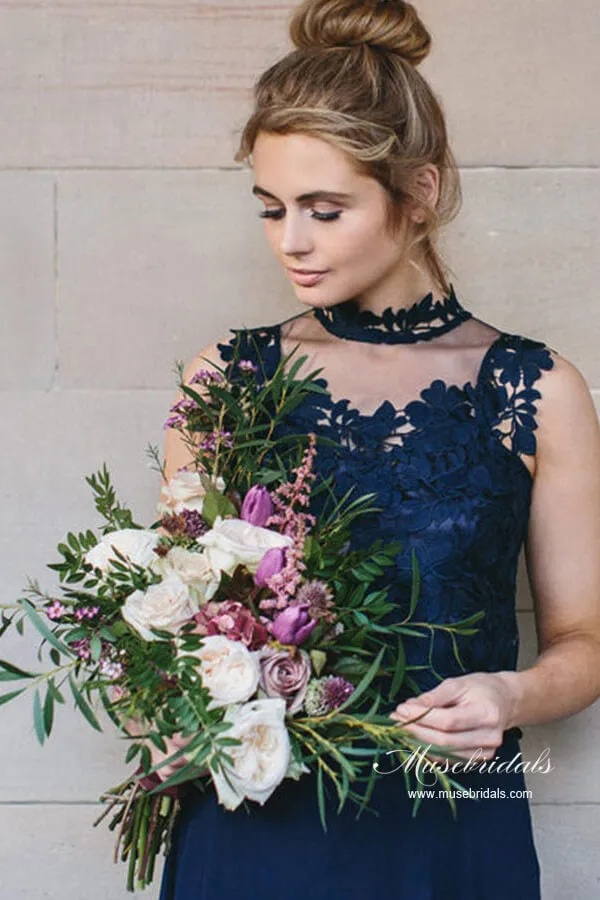 Navy Chiffon A-line V-neck Bridesmaid Dresses, Wedding Party Dress, MBD232