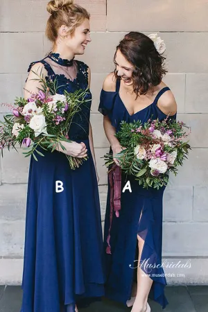 Navy Chiffon A-line V-neck Bridesmaid Dresses, Wedding Party Dress, MBD232