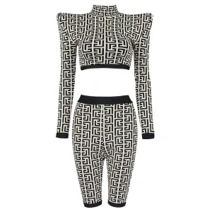 New Trendy Geometric Jacquard Two Piece pants Suit Long Sleeves Celebrity Party Club Bandage Crop Tops Shorts Suit