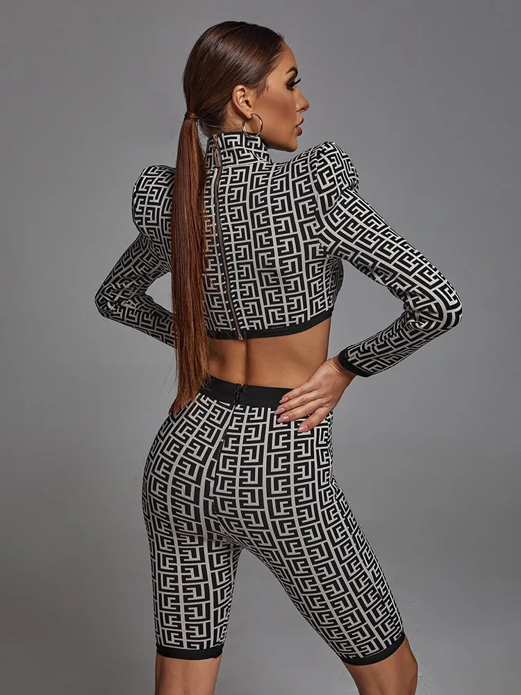 New Trendy Geometric Jacquard Two Piece pants Suit Long Sleeves Celebrity Party Club Bandage Crop Tops Shorts Suit