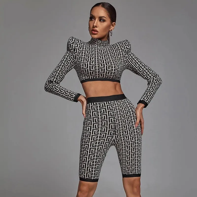 New Trendy Geometric Jacquard Two Piece pants Suit Long Sleeves Celebrity Party Club Bandage Crop Tops Shorts Suit
