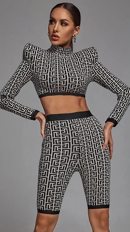 New Trendy Geometric Jacquard Two Piece pants Suit Long Sleeves Celebrity Party Club Bandage Crop Tops Shorts Suit
