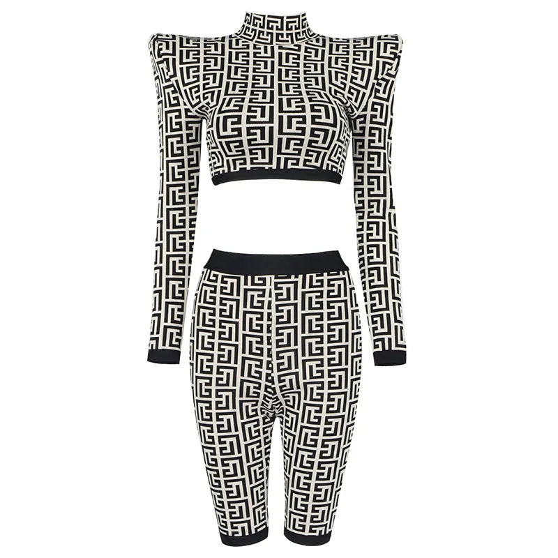 New Trendy Geometric Jacquard Two Piece pants Suit Long Sleeves Celebrity Party Club Bandage Crop Tops Shorts Suit