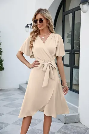 NEW Women's Summer Satin Wrap Dresses V Neck Ruffle Short Sleeve Midi Dresses for Cocktail Party with Belt, Beige, Sz M