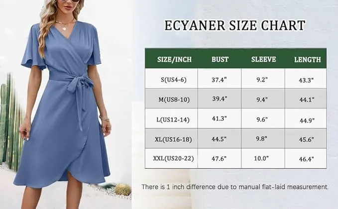 NEW Women's Summer Satin Wrap Dresses V Neck Ruffle Short Sleeve Midi Dresses for Cocktail Party with Belt, Beige, Sz M