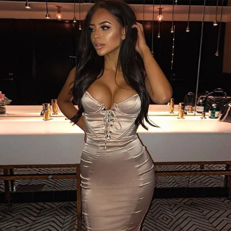 NewAsia Korsett-stil Spitze Up-Club Kleid Frauen Sommer Sexy Padded Bh Satin Kleid Frau Party Nacht Elegante Kleid champagner
