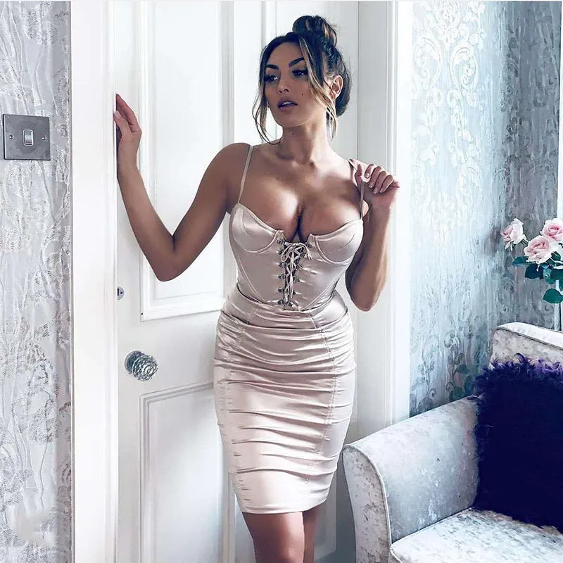 NewAsia Korsett-stil Spitze Up-Club Kleid Frauen Sommer Sexy Padded Bh Satin Kleid Frau Party Nacht Elegante Kleid champagner