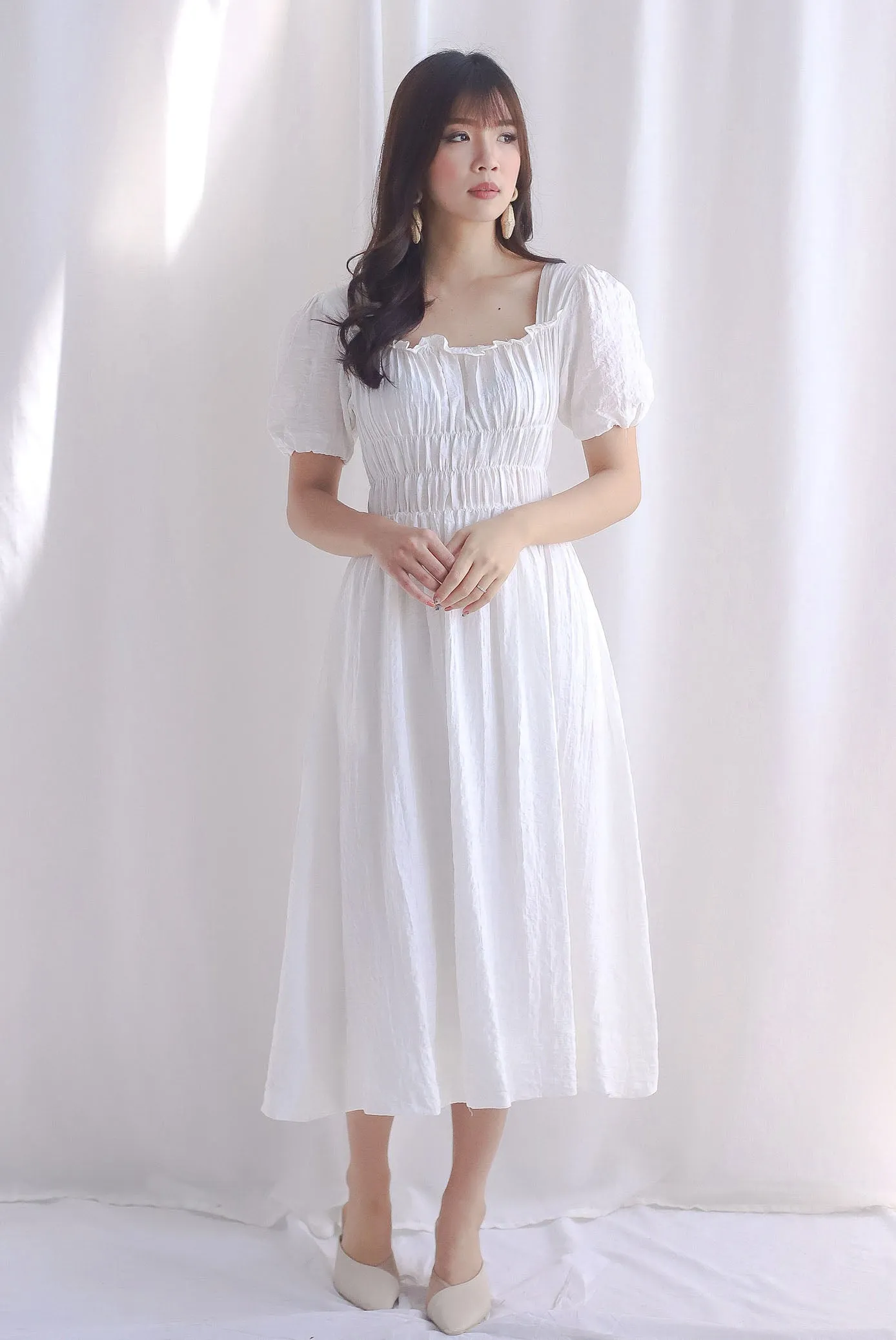 Nicolette Rich Waist Midi Dress In White