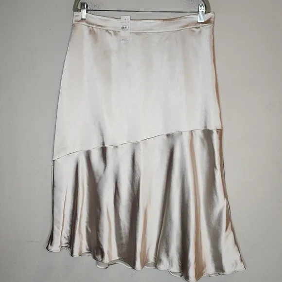NWT Ann Taylor Beige Greige Silver Satin Midi Skirt Size 12