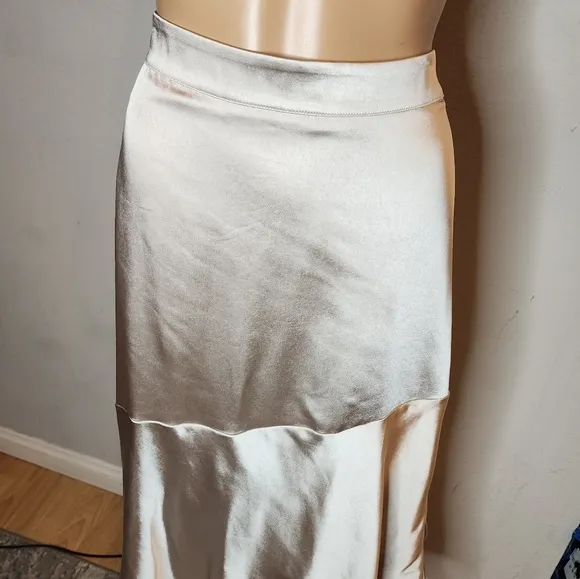 NWT Ann Taylor Beige Greige Silver Satin Midi Skirt Size 12