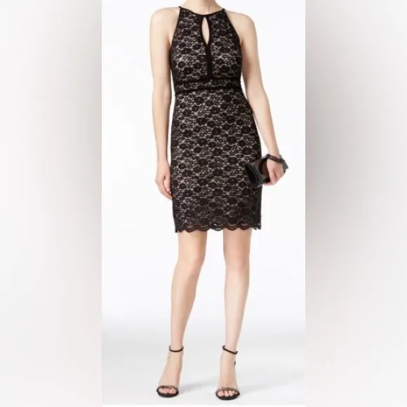 NWT NIGHTWAY Lace Overlay Sequin Mini Cocktail Sheath Dress Keyhole Sz 8 $109