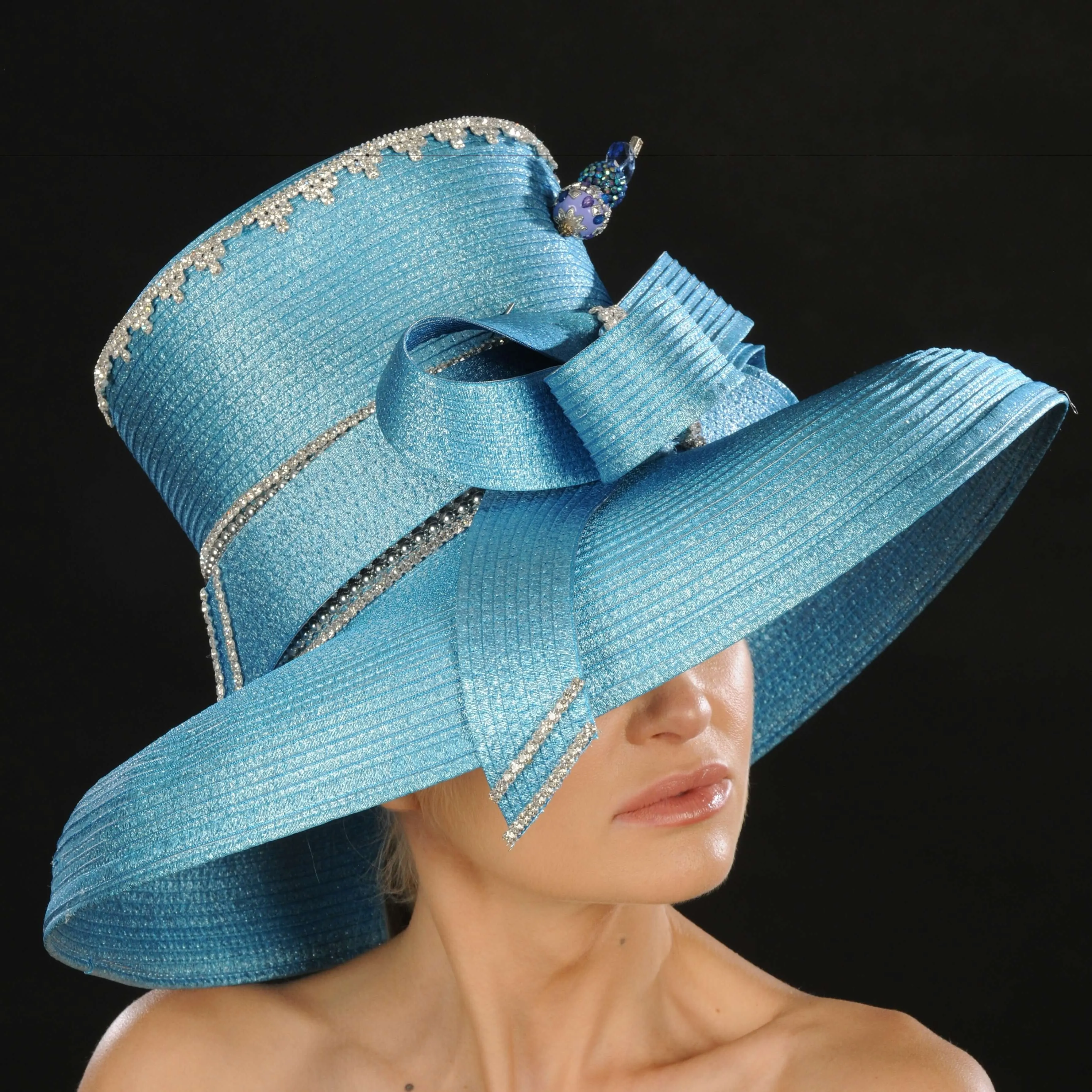 OE015- Blue ladies satin dress hat
