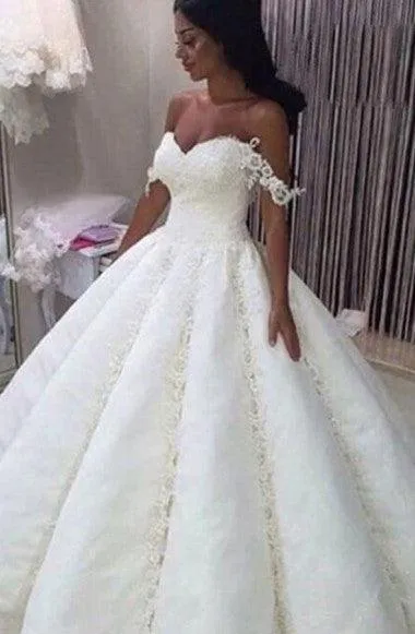 Off Shoulder Ball Gown Long Satin Ruched Wedding Dress With Lace Appliques TN0040